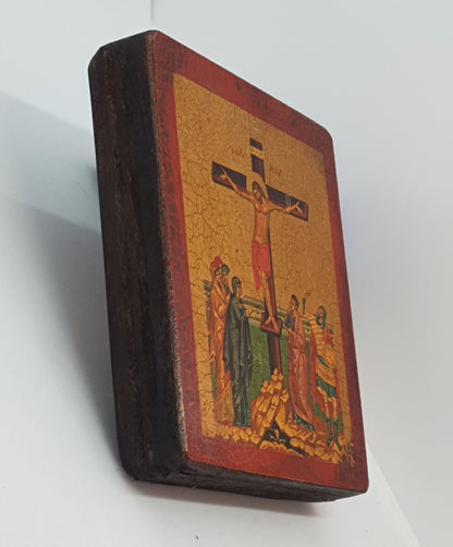 A Timeless Masterpiece: An Old Handmade Wooden Icon of the Crucifixion of Christ (11*9 cm)