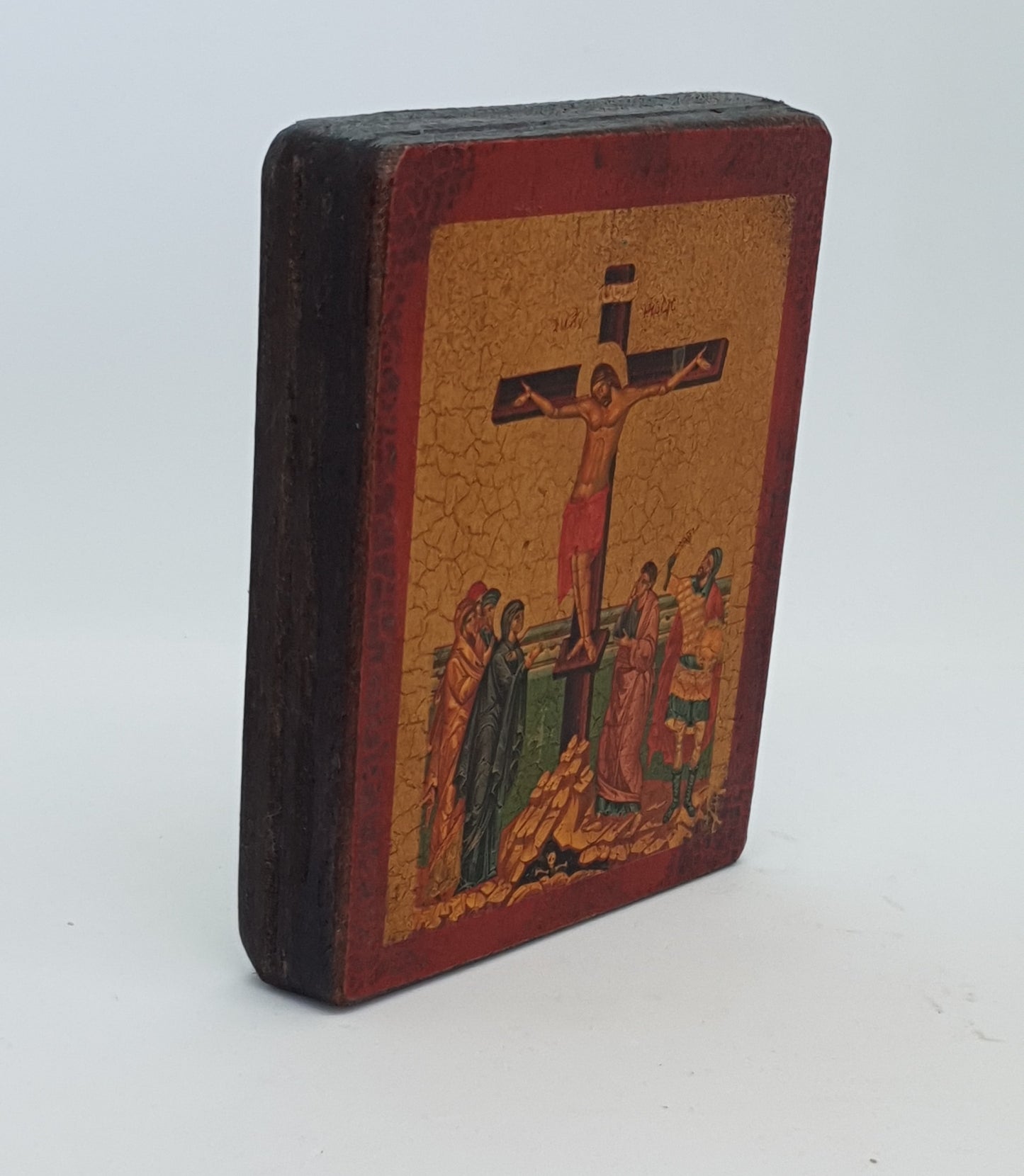 A Timeless Masterpiece: An Old Handmade Wooden Icon of the Crucifixion of Christ (11*9 cm)