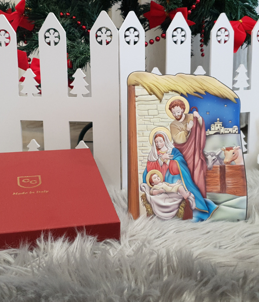 Sacred Silver Nativity: Divine Artistry in Bethlehem's Holy Family Icon (21.5x16.5 cm)