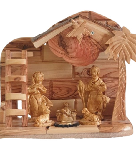 Sacred Olive Wood Nativity Grotto with Music Box: Crafted Heritage, Spiritual Essence
