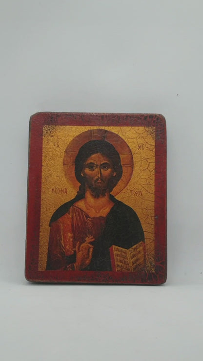 A Glimpse into Eternity: Vintage Copy of an Ancient Byzantine Orthodox Wooden Icon - Christ Pantocrator Handmade Oil Painting (11*9.5*2cm)