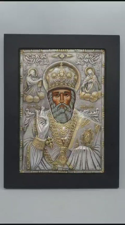 Pure Silver 925 with 24 karat gold Foil of Used Saint Nicholas Byzantine Icon